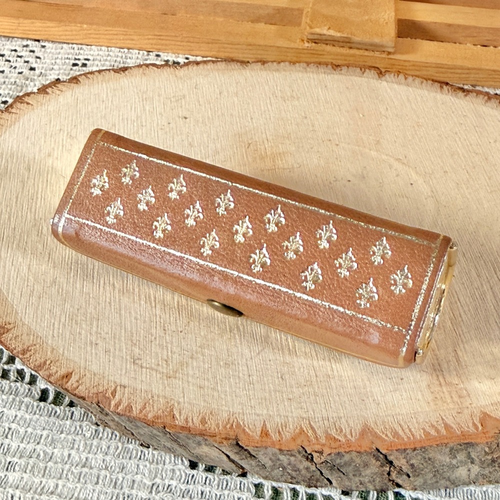 Brevettato Vintage Lipstick Case Mirror Brown Italian Leather Gold Filigree 60s